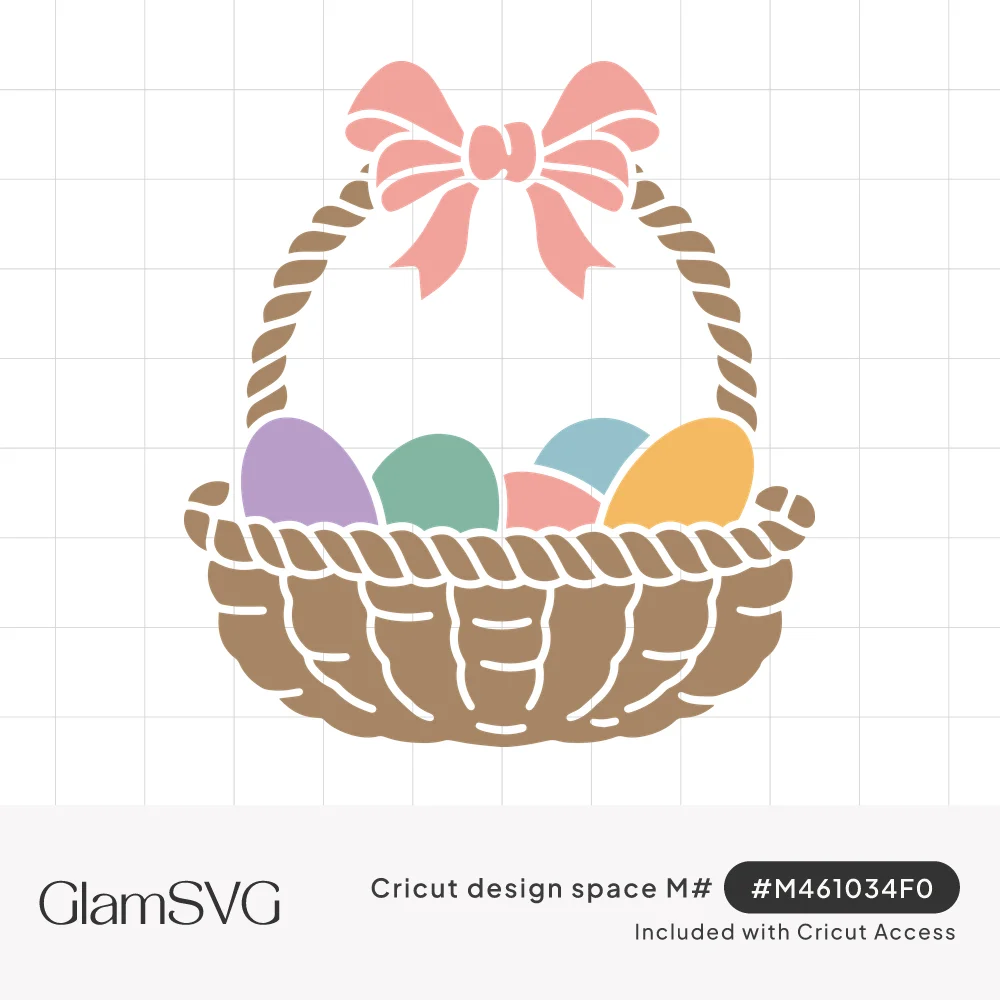 Woven brown Easter basket with braided handle and pink bow, filled with lavender, mint, pink, blue and yellow eggs