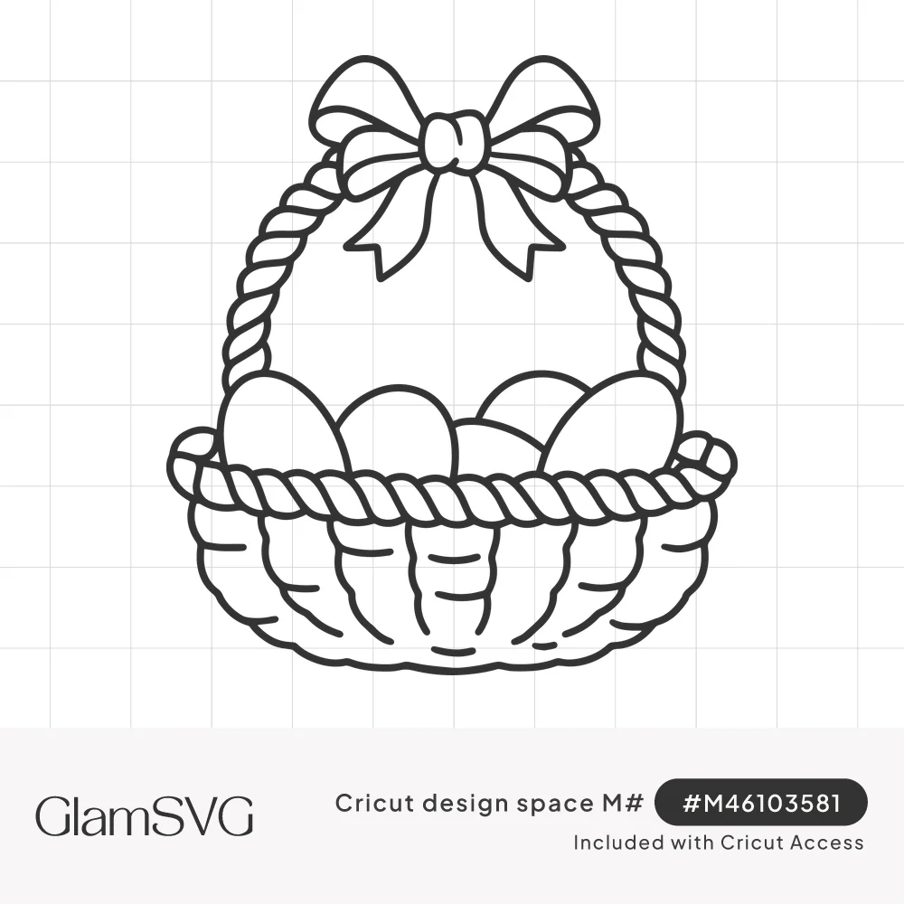 Line drawing of a woven Easter basket with a rope handle, filled with eggs and topped with a ribbon bow