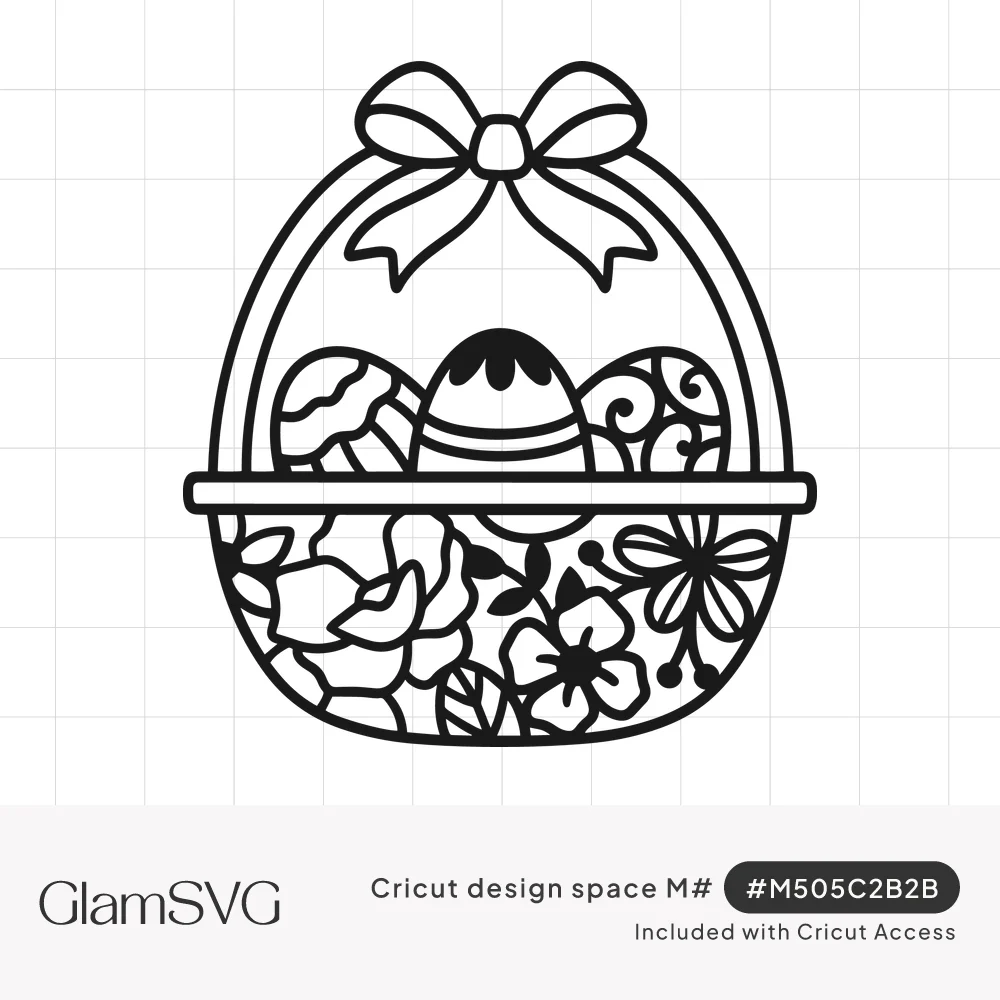 Black line art Easter basket with a bow on the handle, three decorated eggs and a floral cutwork pattern on the basket