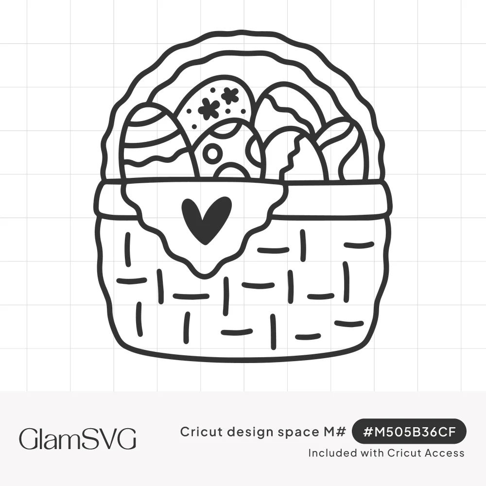 Line drawing of a woven Easter basket filled with decorated eggs, with a heart on the cloth draped over its front