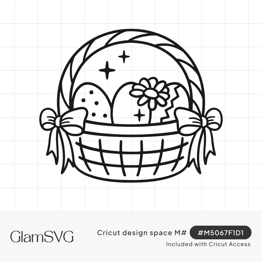 Black line drawing of an Easter basket with a braided handle, side bows, decorated eggs, a daisy and sparkles