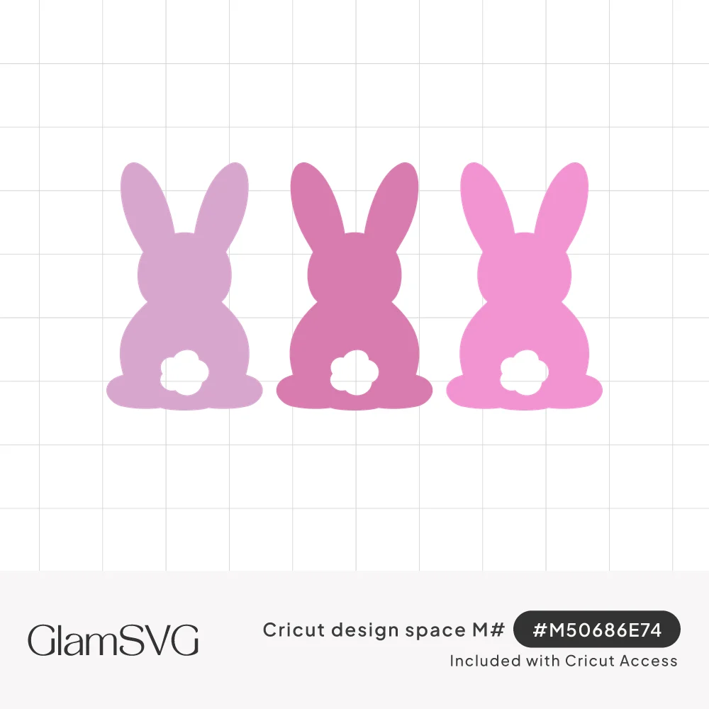 Three bunny silhouettes from behind in lilac, rose and bright pink, each with a white cut-out fluffy tail