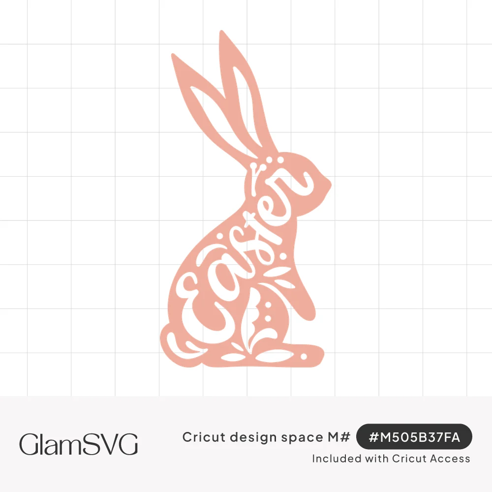 Pink sitting bunny silhouette with the word Easter in cutout script lettering and small leaf and swirl details