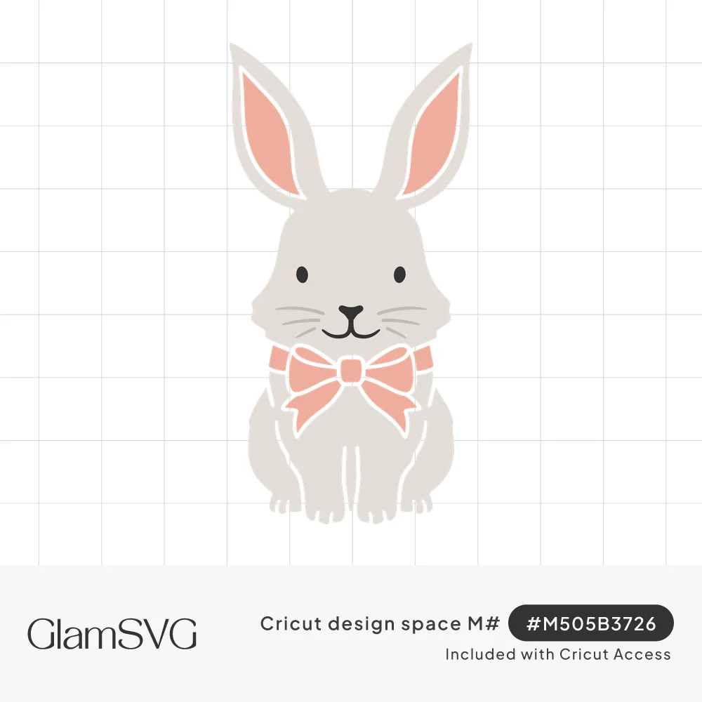 Cute gray sitting bunny with pink inner ears, black whiskers and smile, and a peach bow tied at its neck