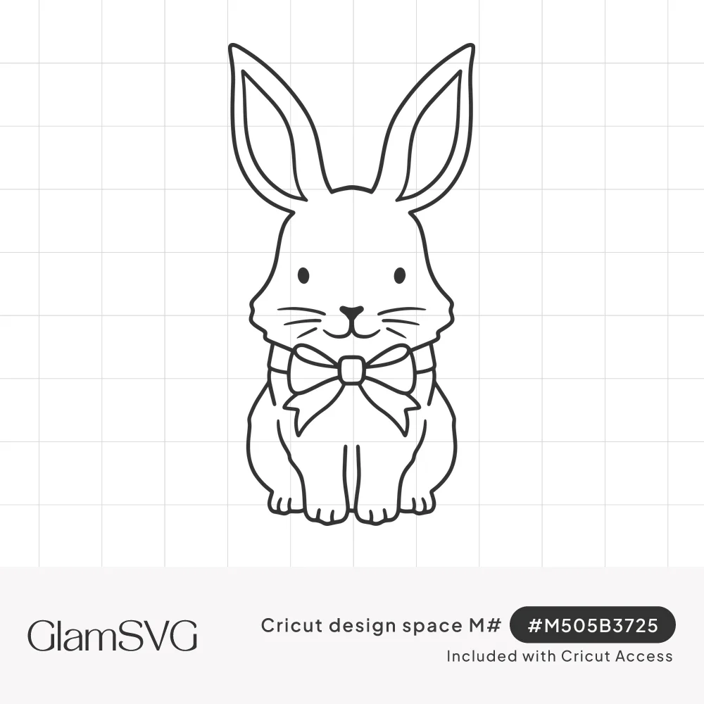 Line drawing of a sitting bunny with tall ears, whiskers, a small smile and a large bow tied at its neck