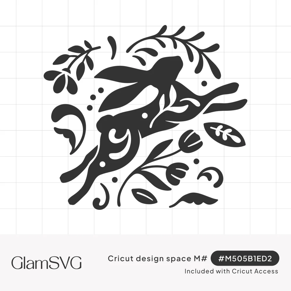 Black silhouette of a leaping hare with swirl cutouts, surrounded by leafy vines, a tulip, leaves and dots