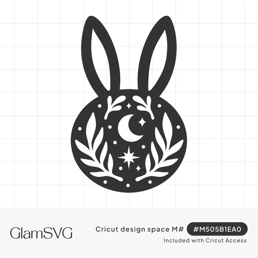 Black bunny head silhouette with white crescent moon, stars, dots and leafy branches cut into the face