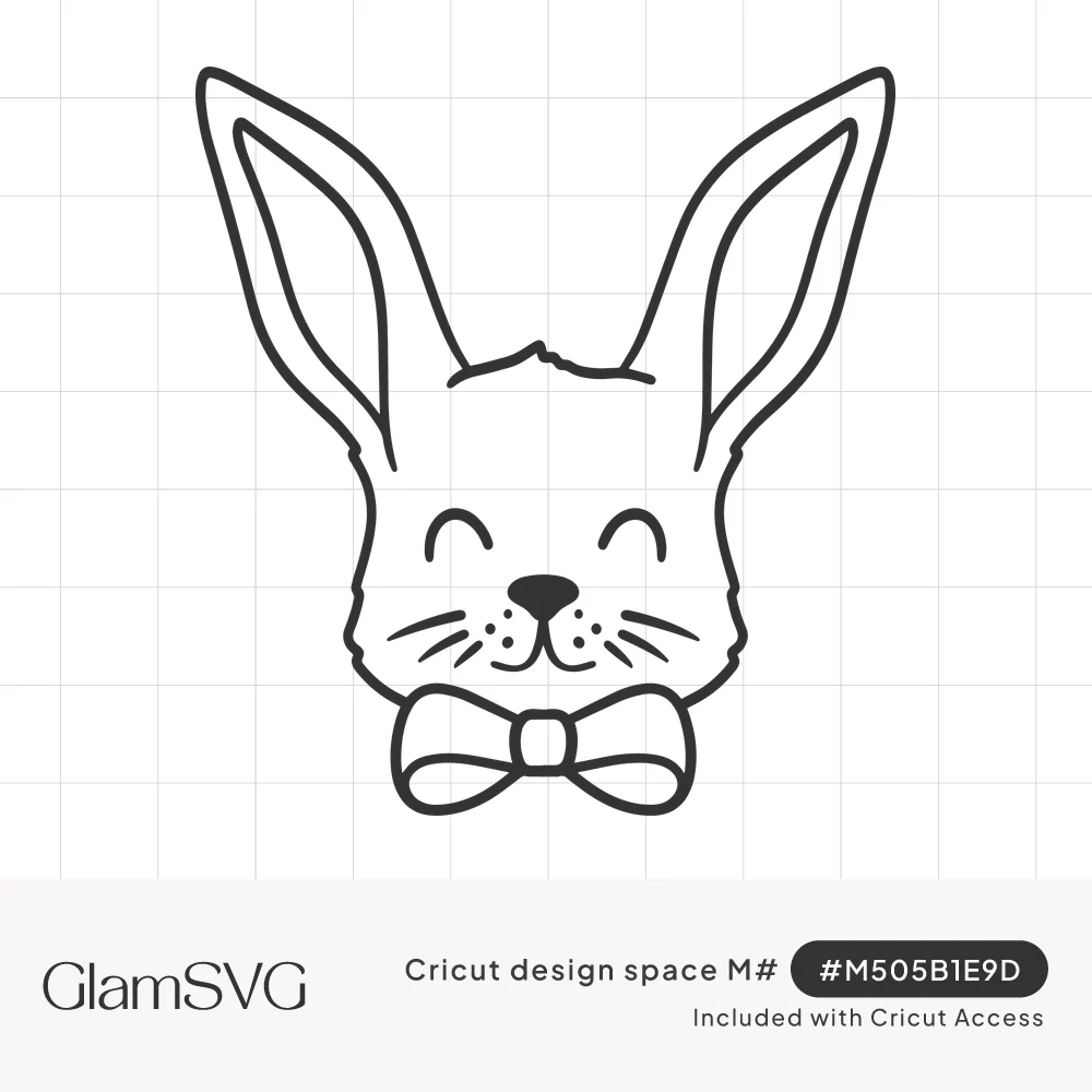Black outline drawing of a smiling bunny face with tall ears, closed eyes, whiskers and a bow tie