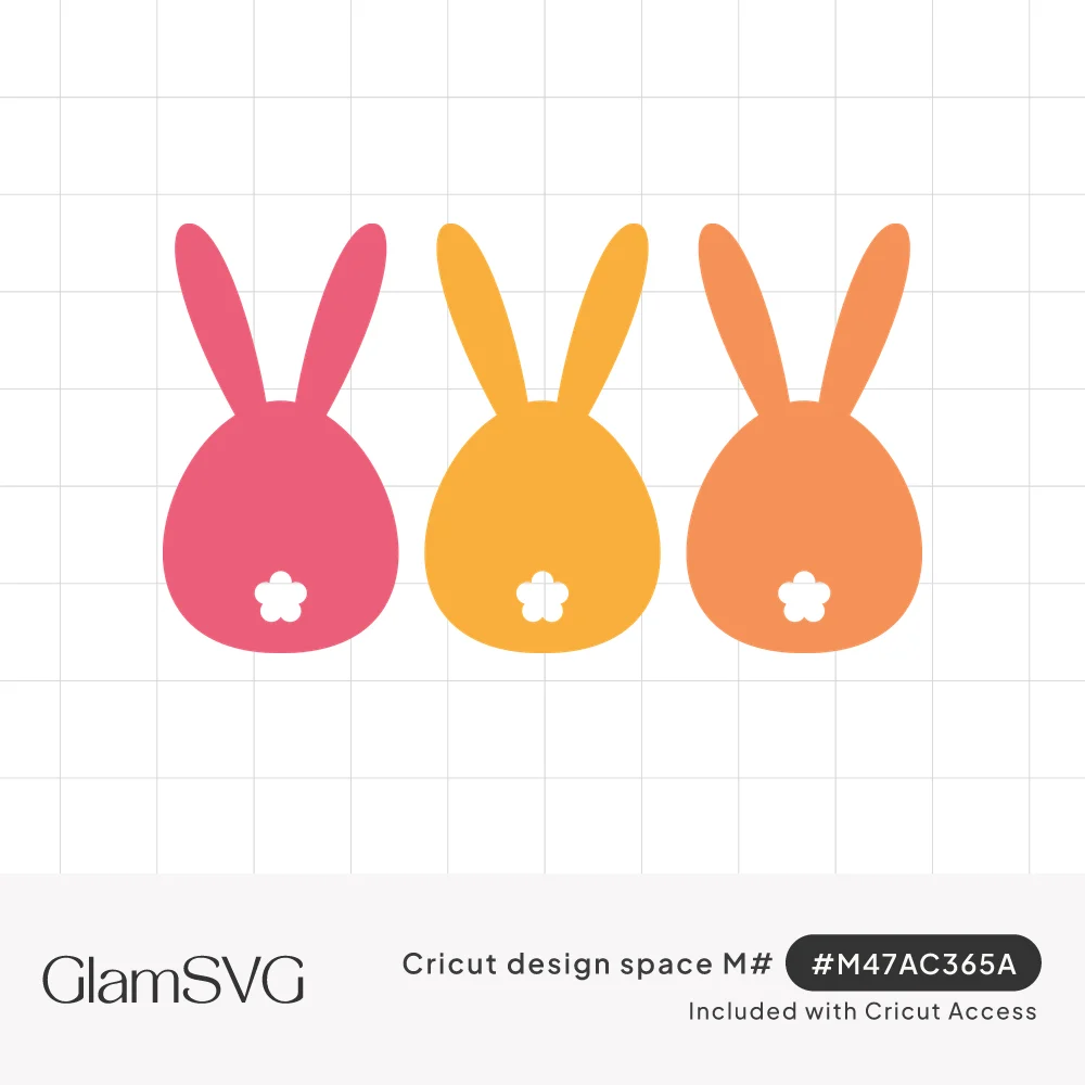 Three bunny silhouettes seen from behind in pink, yellow and orange, each with tall ears and a flower-shaped tail
