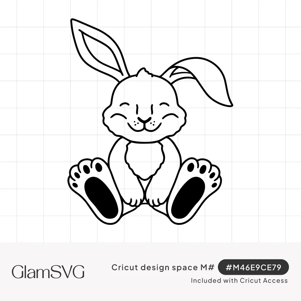Black outline drawing of a smiling sitting bunny with one floppy ear and large paw-padded feet