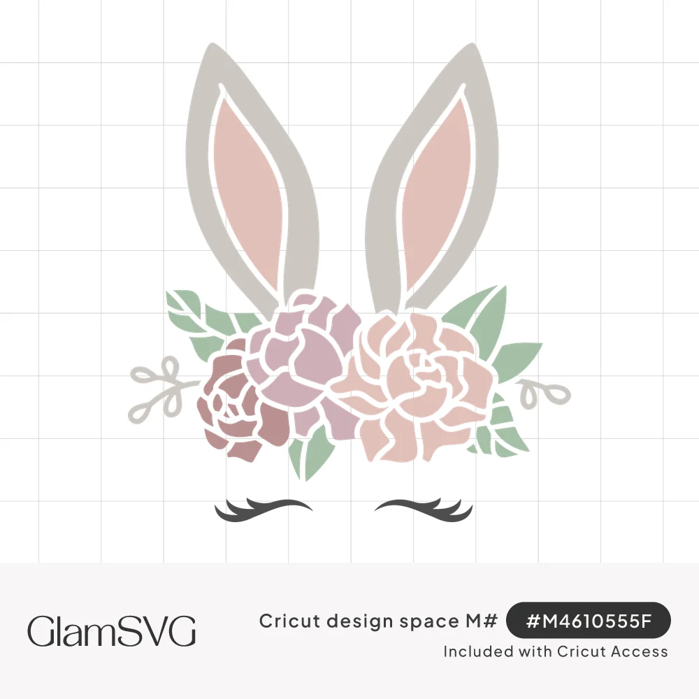Bunny ears in gray and pink above a crown of dusty pink peonies and green leaves, with closed eyes and curled lashes