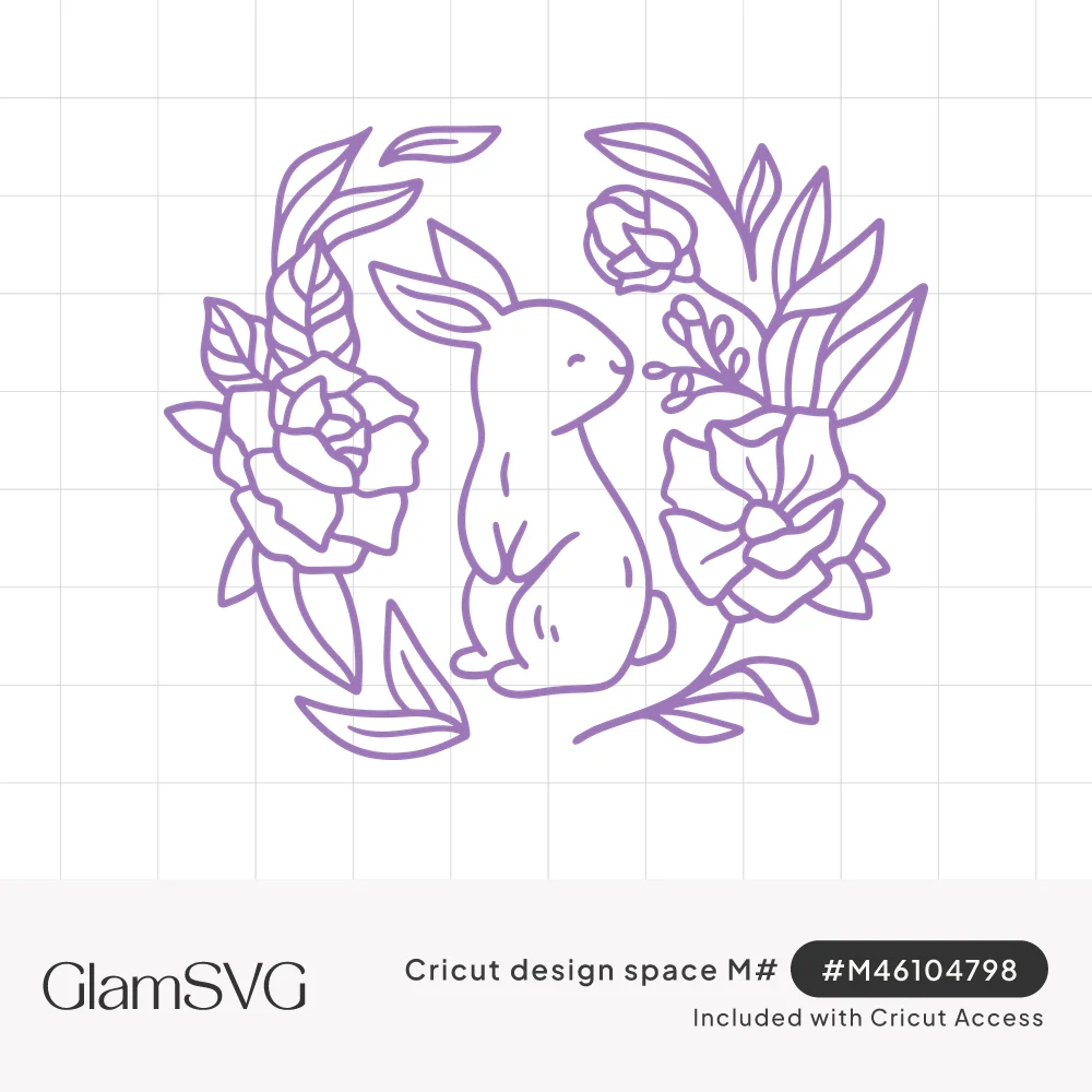 Line art of a sitting bunny sniffing a small sprig, surrounded by roses and leaves in a rounded floral arrangement