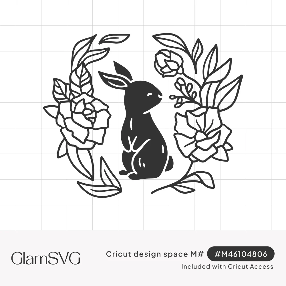 Black bunny silhouette sitting upright inside an open wreath of outlined roses, buds and leaves