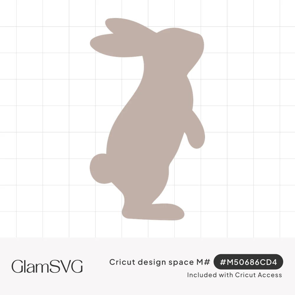 Solid taupe silhouette of a bunny standing upright on its hind legs with ears swept back and a round fluffy tail