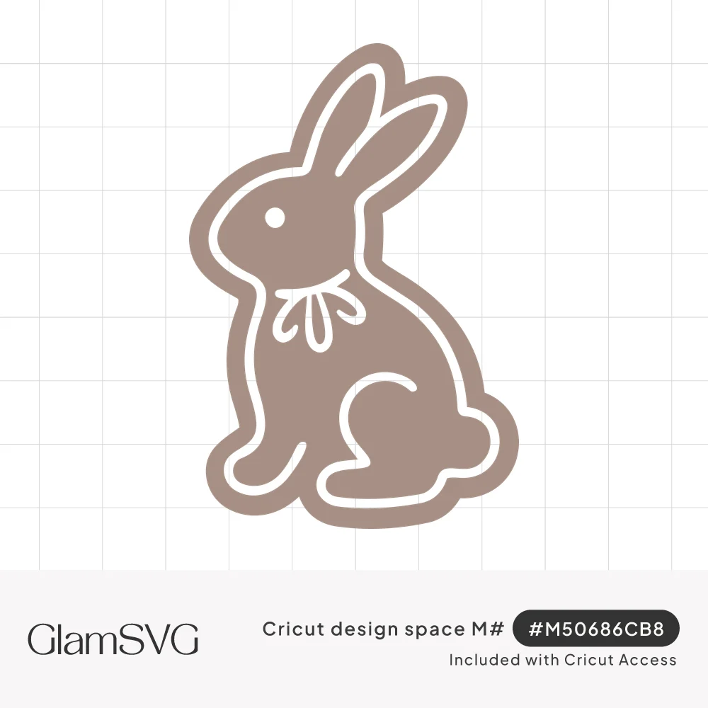 Brown sitting bunny shaped like a sugar cookie with a white icing outline, eye, and small bow at its neck