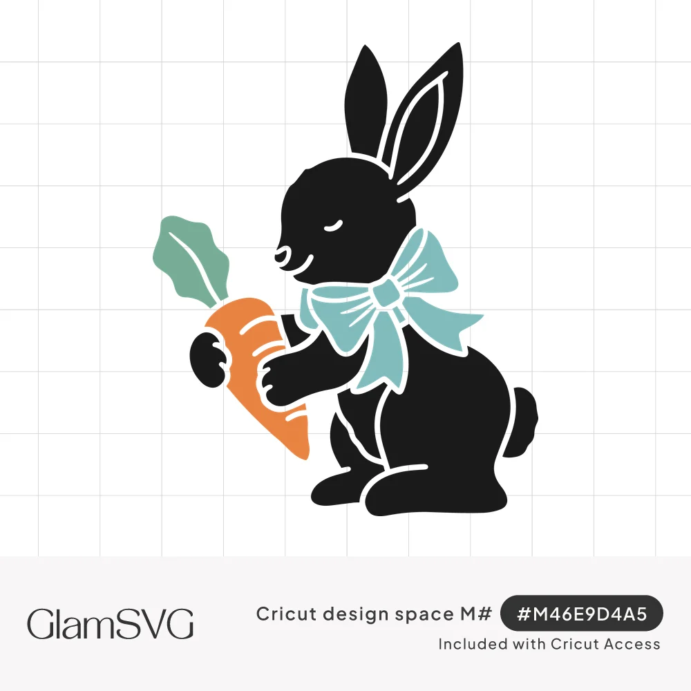 Black bunny silhouette with closed eyes, an aqua bow at its neck, holding an orange carrot with green leaves