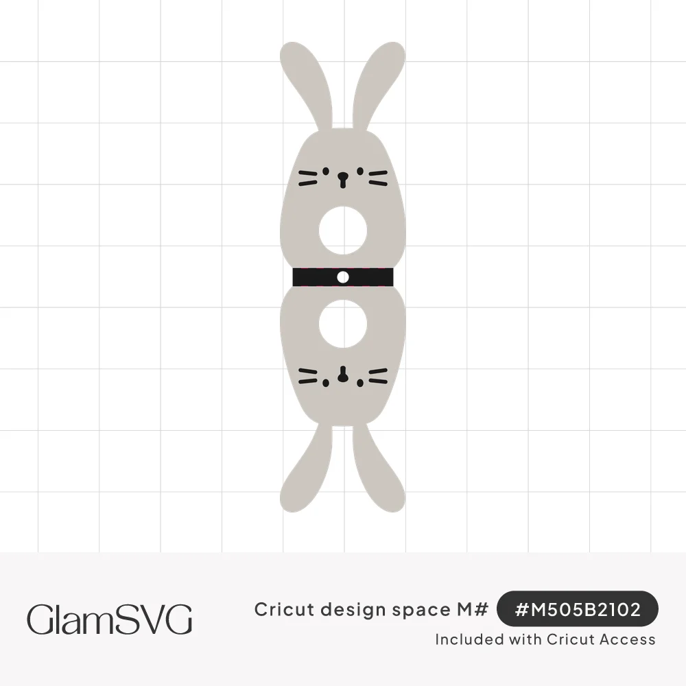 Gray fold-over bunny lollipop holder with whiskered faces and ears at both ends, a black center band and two stick holes