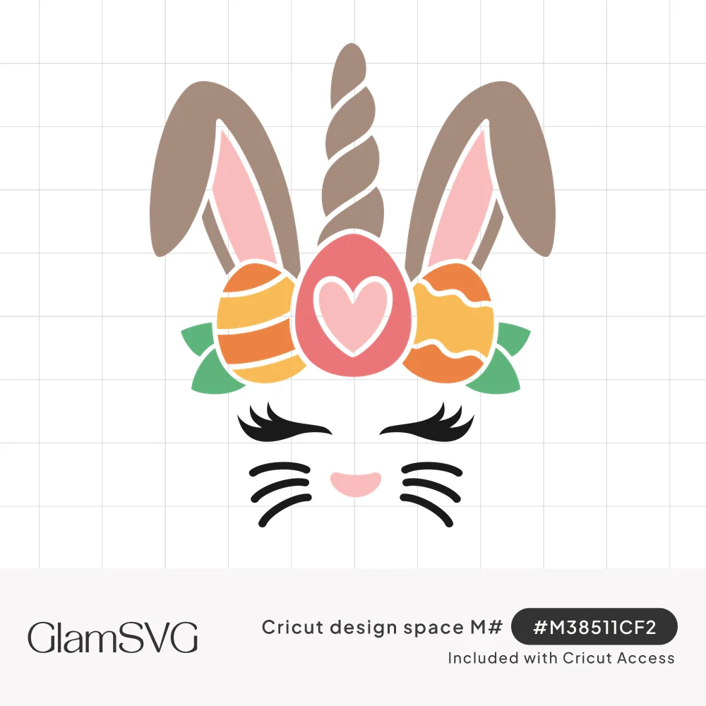 Bunny unicorn face with long ears, swirled horn, Easter egg crown with heart, green leaves, closed lashes and whiskers