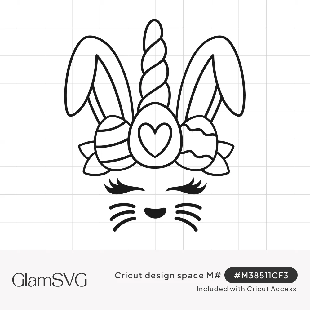 Line art bunnycorn face with bunny ears, a spiral unicorn horn, Easter egg crown, closed lashed eyes and whiskers