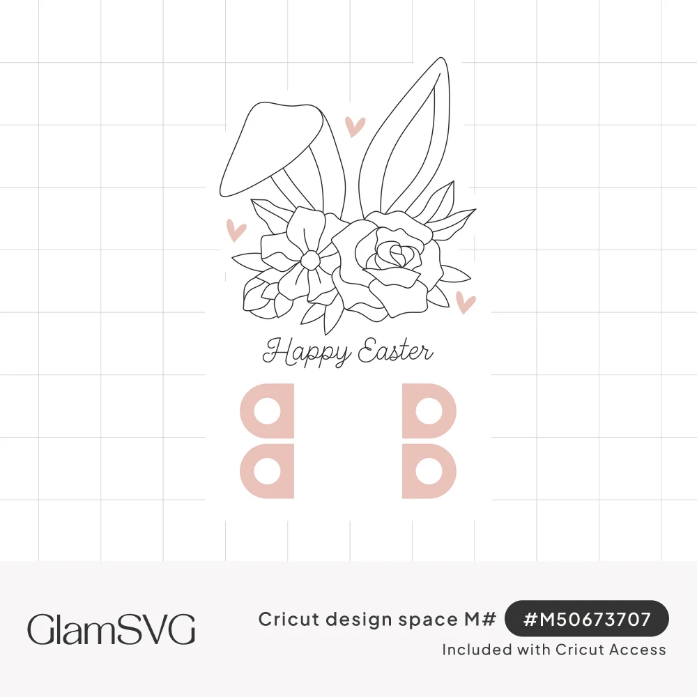 Outlined coloring card with bunny ears, roses, small pink hearts, Happy Easter script and four crayon holder slots