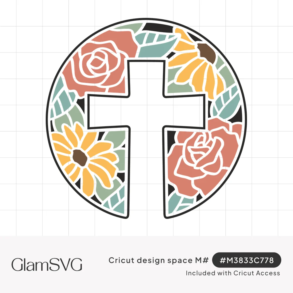 White cross cut from a circle filled with coral roses, yellow black-eyed Susans and sage green leaves in stained-glass style