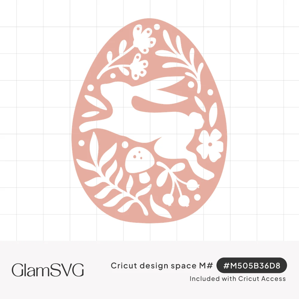 Pink Easter egg with a leaping bunny, flowers, leaves, berries and a mushroom cut out in white negative space