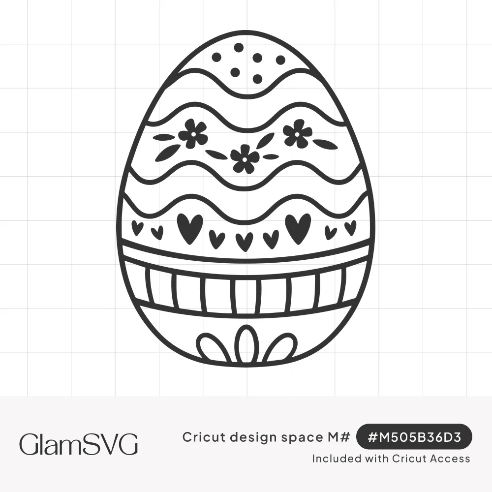 Black line drawing of an Easter egg decorated with wavy bands, dots, small flowers, hearts and stripes