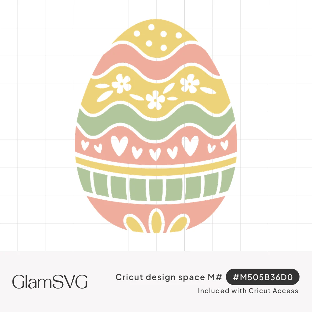 Pastel Easter egg with wavy yellow, pink and green bands decorated with dots, daisies, hearts and stripes