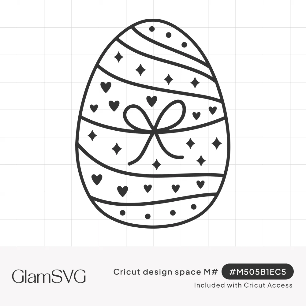 Black outline Easter egg with curved stripes filled with hearts, sparkles and dots, and a bow tied across the center