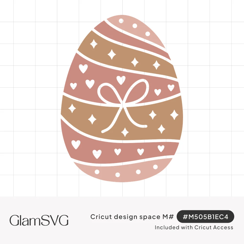 Striped Easter egg in dusty pink and tan with hearts, sparkles, dots and a white bow in the center