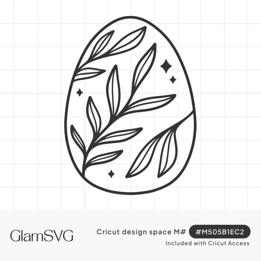 Black line drawing of an Easter egg filled with leafy branches and small four-point sparkle stars