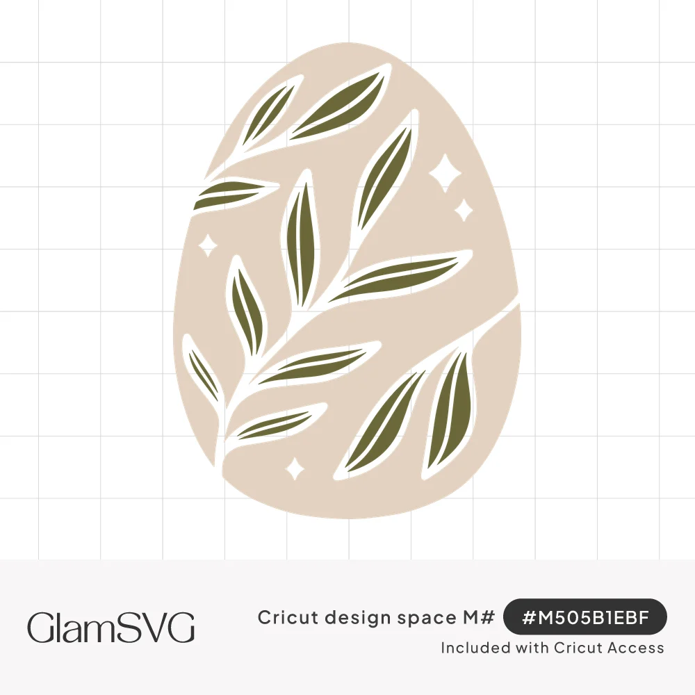 Beige Easter egg decorated with olive green leafy branches outlined in white and small sparkle stars