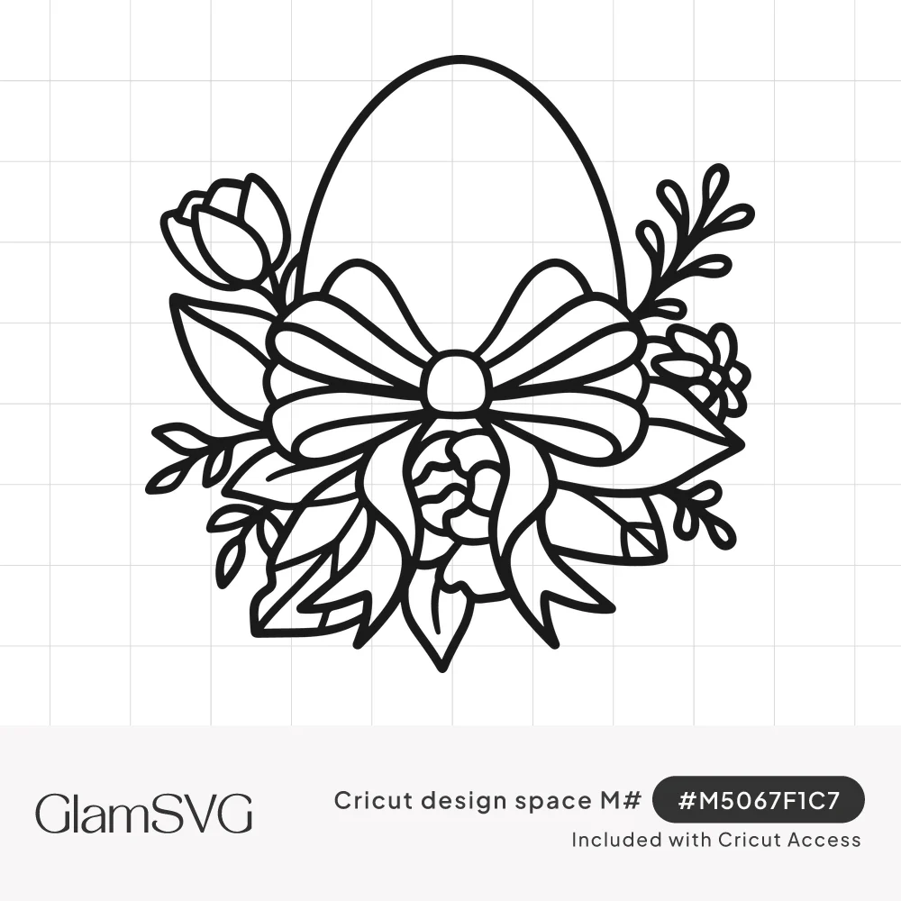 Black line art of an Easter egg above a floral bouquet of tulips, peony and leaves tied with a large bow