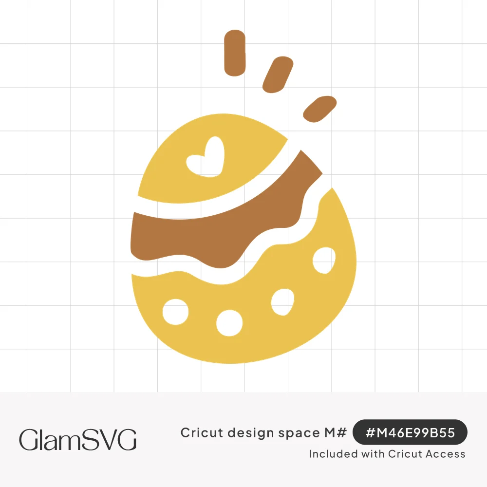 Golden yellow Easter egg with a small heart, wavy brown stripe, white polka dots and three shine marks
