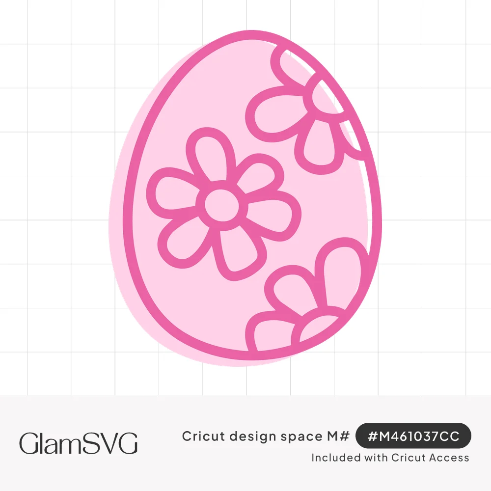 Pink outlined Easter egg with light pink fill decorated with large five-petal daisy flowers