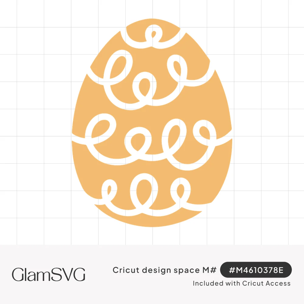 Orange Easter egg silhouette decorated with four rows of white looping swirl lines