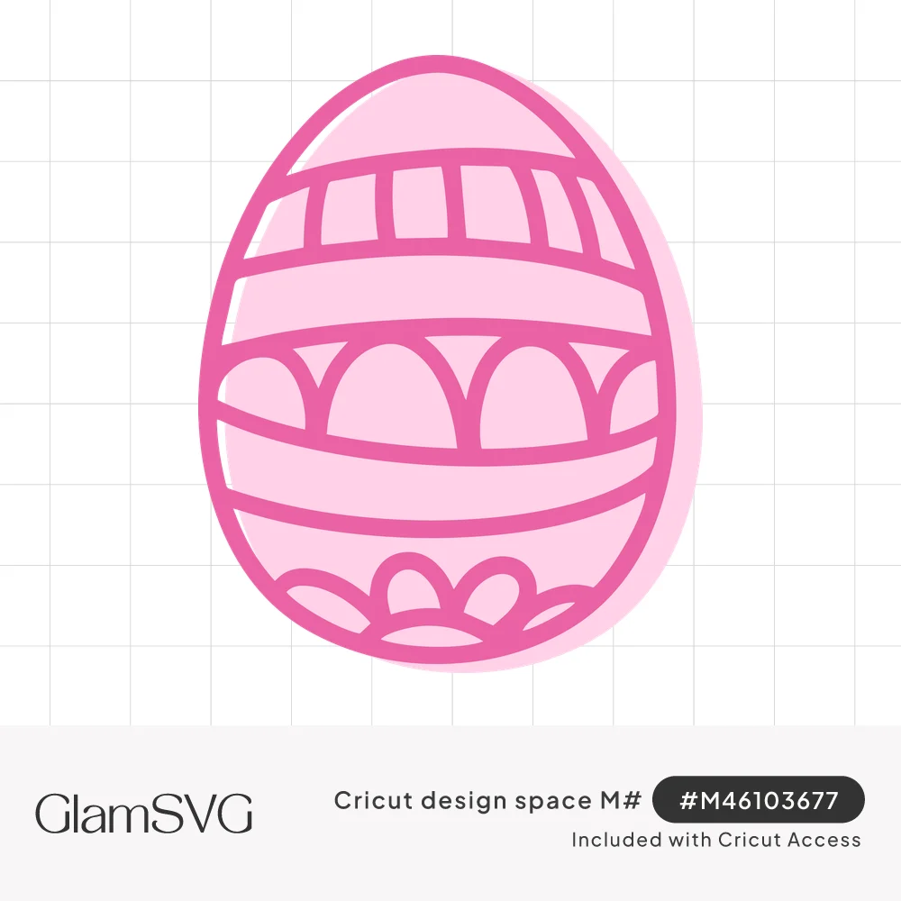 Pink Easter egg outline decorated with horizontal bands of rectangles, arches and scalloped petals over a light pink fill