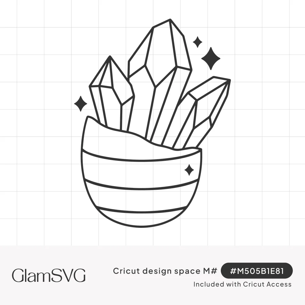 Line drawing of faceted crystals growing out of a cracked striped Easter egg shell with small sparkle stars