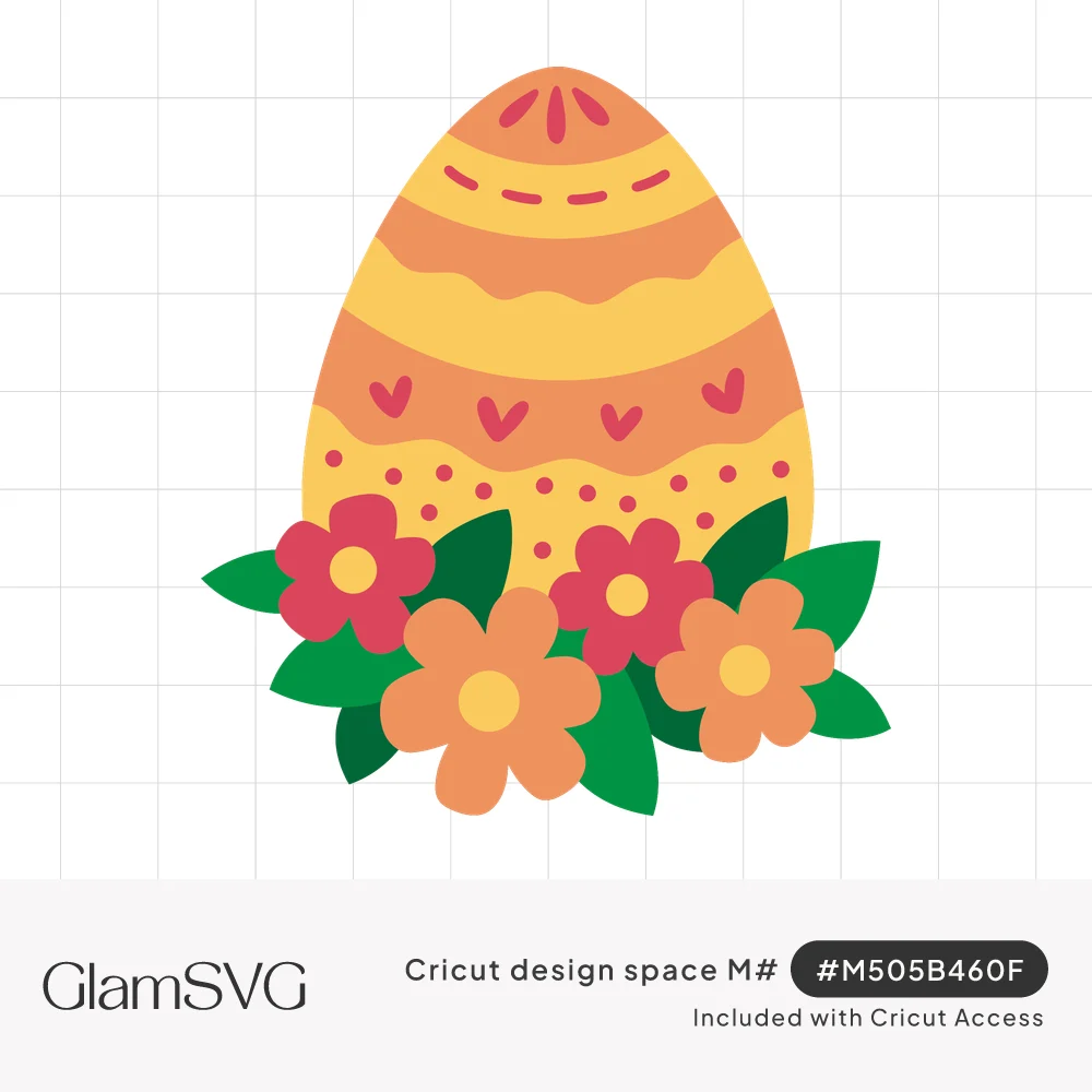 Yellow and orange striped Easter egg with hearts and dots, nestled among pink and peach flowers and green leaves
