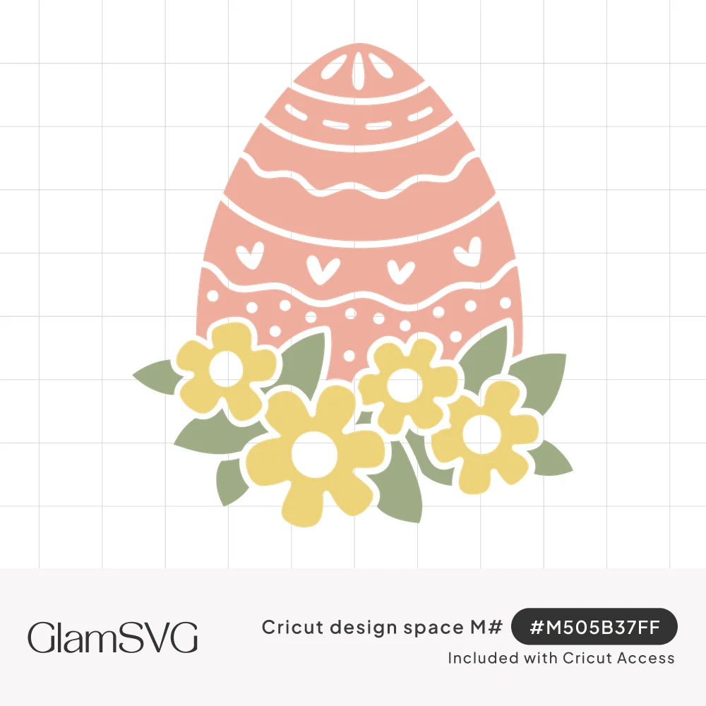 Peach Easter egg with white hearts, dots and wavy stripes surrounded by yellow flowers and sage green leaves