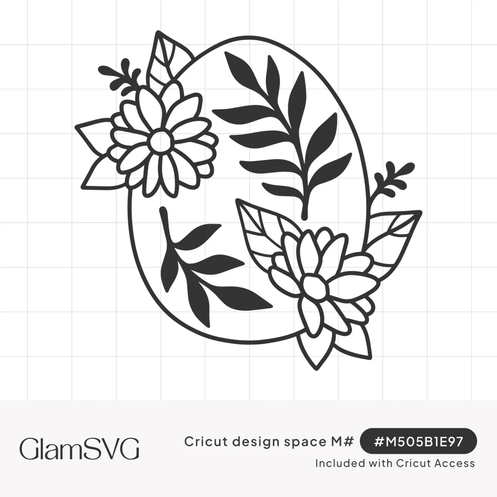 Black line art Easter egg outline with two large daisy-like flowers, fern leaves and greenery around and inside it