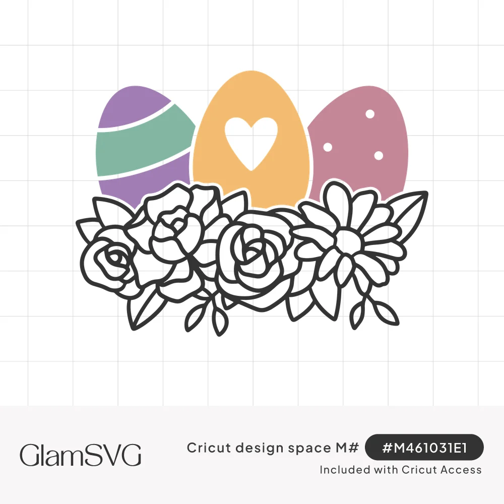 Three decorated Easter eggs in purple, orange and pink behind a bed of black-outlined roses, a daisy and leaves