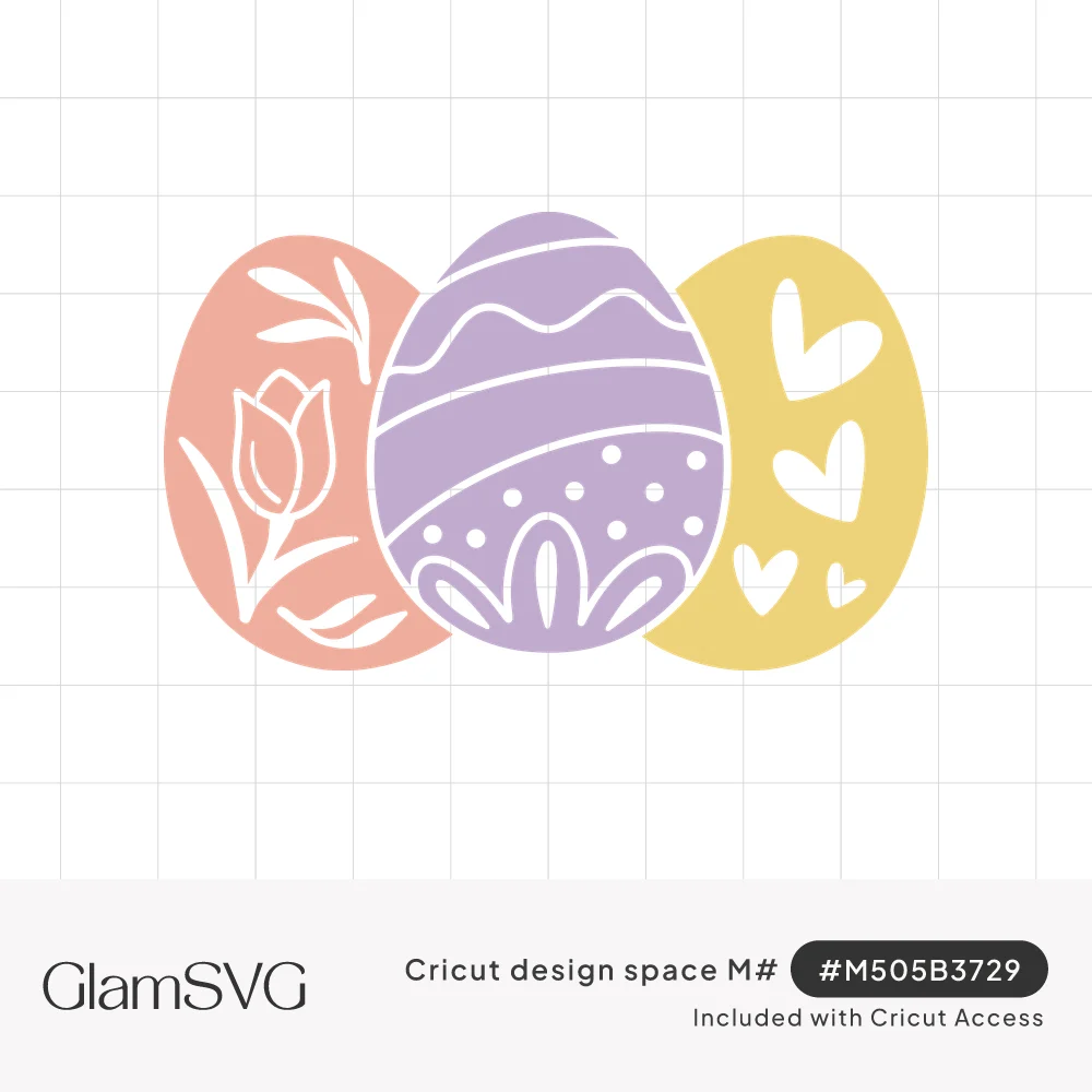 Three overlapping pastel Easter eggs in coral, lavender and yellow with white tulip, stripe, dot and heart designs