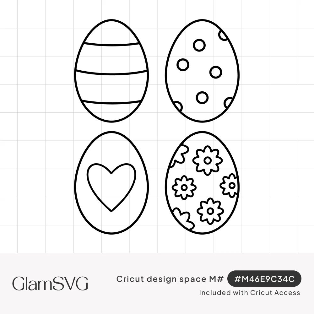 Four outlined Easter eggs in a grid, decorated with stripes, polka dots, a heart and small flowers