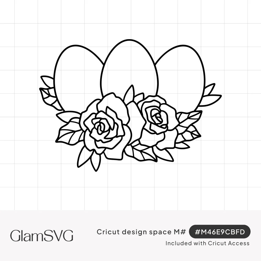 Line drawing of three Easter eggs sitting behind two roses and a spray of pointed leaves