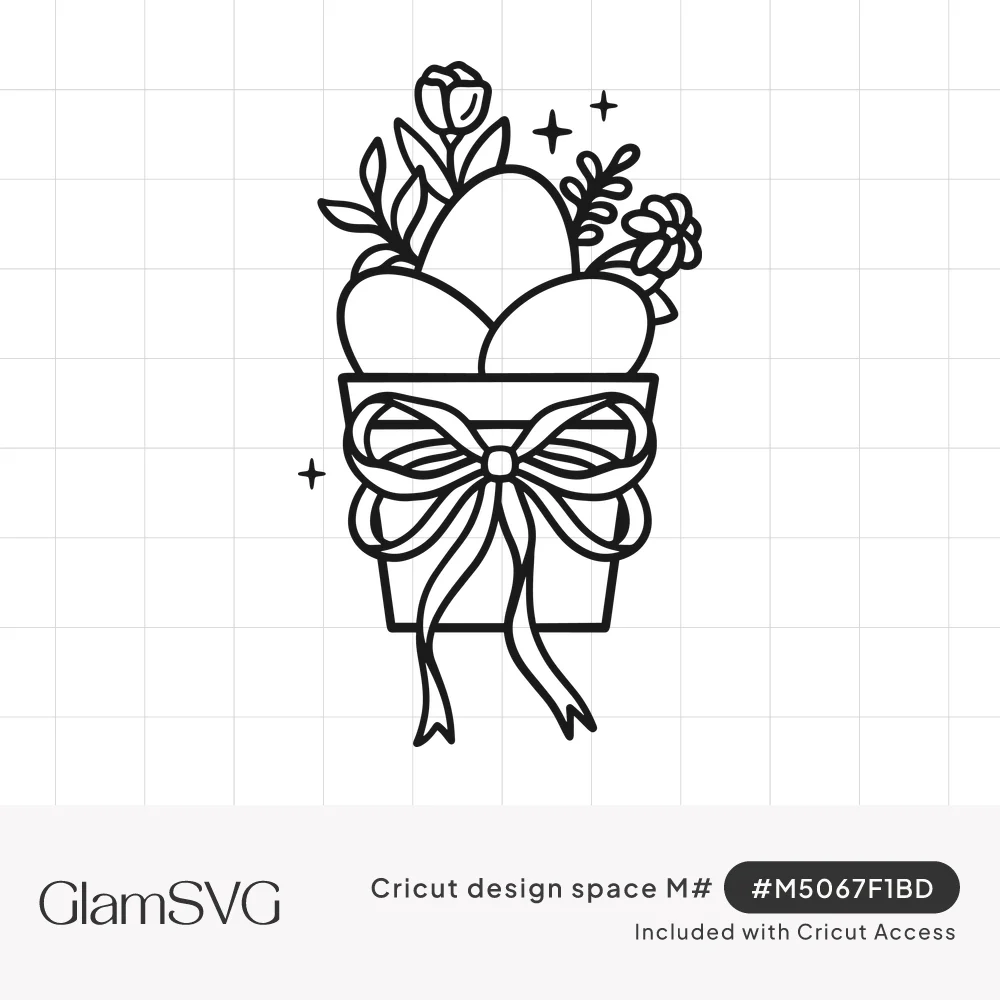 Black line drawing of three Easter eggs in a flower pot tied with a ribbon bow, surrounded by a tulip, daisy and leaves