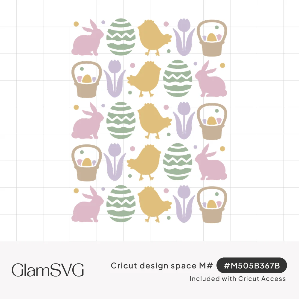 Repeating pastel pattern of pink bunnies, green striped eggs, yellow chicks, purple tulips and Easter baskets with dots