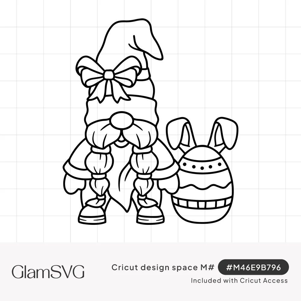 Line art of a girl gnome with braided pigtails and a bow on her hat beside a striped Easter egg with bunny ears