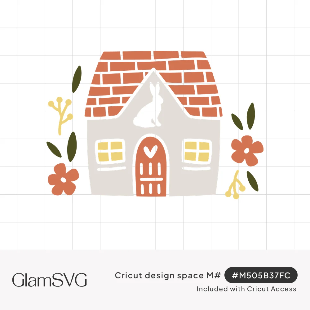 Gray cottage with brick roof, white bunny silhouette in the gable, heart door, yellow windows and coral flowers