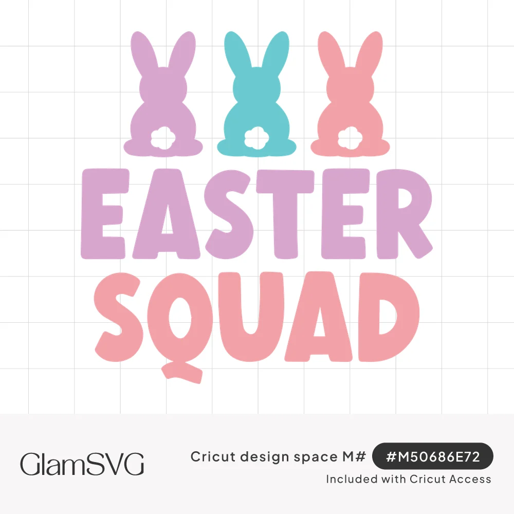 Three pastel bunnies from behind with white cottontails above bold lavender and coral text reading Easter Squad